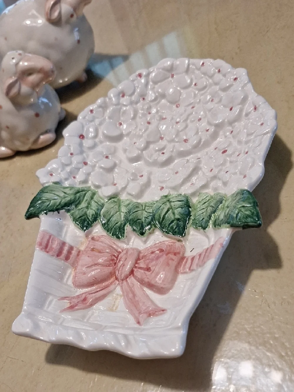 White Ceramic Hydrangea Basket Wall Plaque with Pink Bow